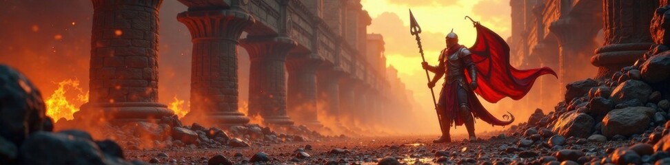 dragon fire, knight spear, hoard treasure, ancient ruins, dragon, ruin, knight