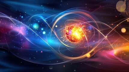 Obraz premium A vibrant cosmic scene representing protons as fundamental building blocks of matter in the universe