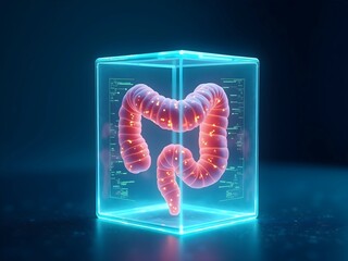 3D colon illustration in a glowing tech cube. Medical concept on a dark background