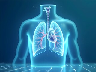 Glowing 3D lungs and heart illustration. Medical concept on a blue background