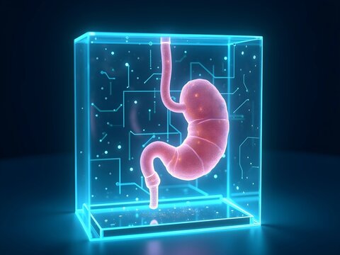 3D stomach illustration in a glowing tech cube. Medical concept on a dark background