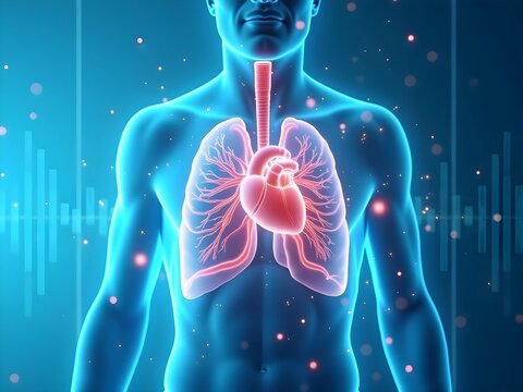 Glowing 3D lungs and heart illustration. Medical concept on a blue background
