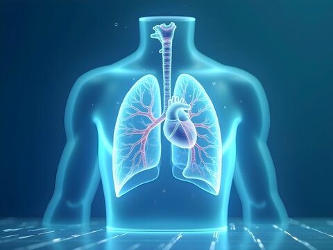 Glowing 3D lungs and heart illustration. Medical concept on a blue background