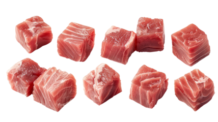 Cubed tuna fillet, displayed against a transparent background, with each cube captured from different angles.
