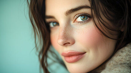 Fototapeta premium Close-up of a beautiful woman with fair skin, freckles, and striking green eyes against a soft blue background. 