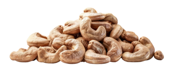 A pile of cashew nuts piled together on a transparent background, displayed in a realistic photo illustration captured from the front at eye level with soft warm light.