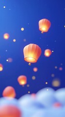 Obraz premium Enchanting Sky Lantern Festival: Aerial View of Floating Lanterns Illuminating Night Sky. 3D Cartoon Illustration for Chinese New Year and Lantern Festival. Vibrant Red Hues on Light Background, Perfe