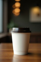 Isolated paper cup with lid on a wooden table, empty and still, still life, simplicity