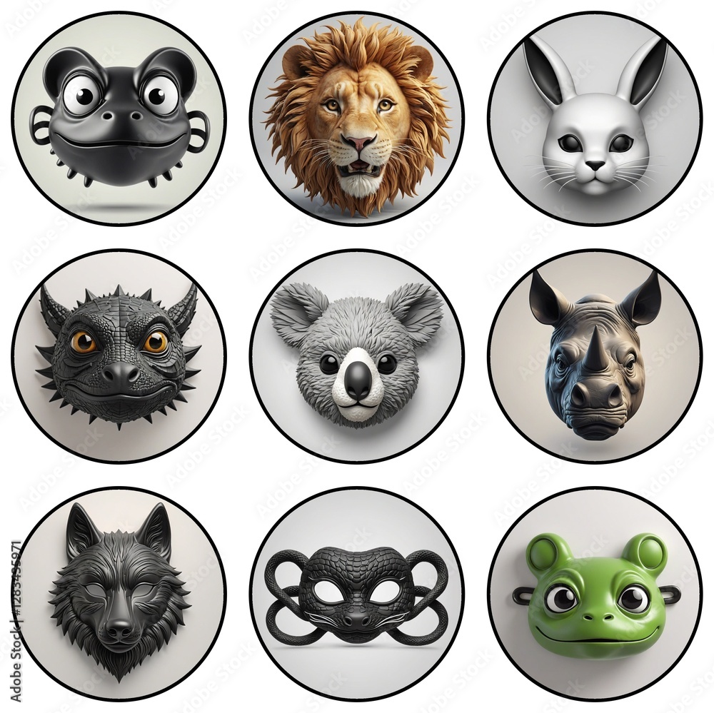 Poster nine animal faces and masks are displayed in circular frames. rendered in a cartoonish 3d style, fea