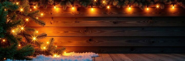 Warm Christmas lights adorn a wooden wall, casting festive glow on the surroundings, Lights, Christmas
