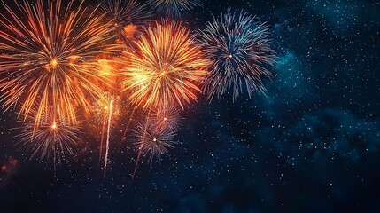 Spectacular fireworks illuminate the night sky in vibrant orange and blue, ideal for New Year's Eve banners, festive backgrounds, and celebratory designs with ample copy space.