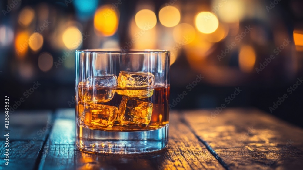 Aufkleber cocktail with ice cubes served in a glass on a wooden table in a dimly lit bar during the evening. g