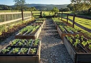 Obraz premium Sunlit Vegetable Garden with Wooden Raised Beds and Gravel Paths