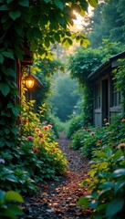 Dreamy atmosphere in abandoned garden at dusk with lush greenery and soft illumination, abandoned, twilight, dreamy