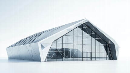 Capturing the essence of contemporary design, this photorealistic depiction showcases a modern building with sharp angles, expansive glass facades, and a sleek.