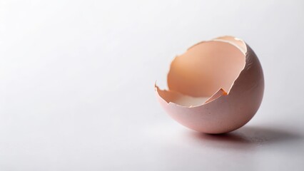 A delicate broken eggshell in a soft pink hue lies on a white surface