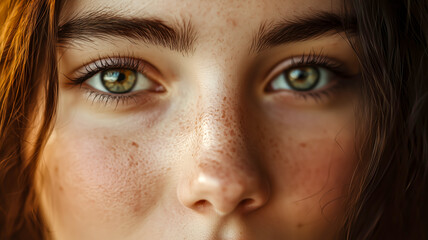 Fototapeta premium Close-up of a woman's face showcasing her eyes, skin texture, freckles, and natural beauty in a soft, warm light.