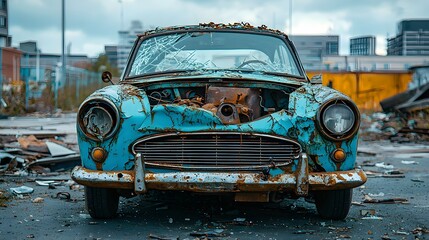 A broken down and dilapidated vehicle with missing parts and components sitting in a minimalist abandoned industrial or urban environment 