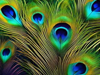 Close-up of vibrant peacock feathers with intricate patterns and colors.
