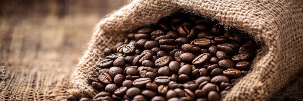 Poster coffee beans spill from a burlap sack on a rustic wooden surface during early morning light. generat