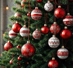 A bunch of red and white ornaments hung on a Christmas tree, festive item, christmas tree