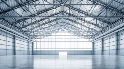 Empty Industrial Warehouse Interior: This photorealistic image reveals a vast, cavernous industrial warehouse, bathed in cool, diffused light.