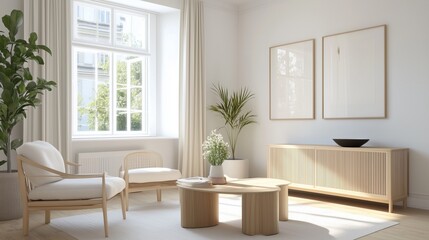 Serene Interior: A bright and airy living space, showcasing minimalist furniture, natural light, and touches of greenery to create a calm and inviting atmosphere.