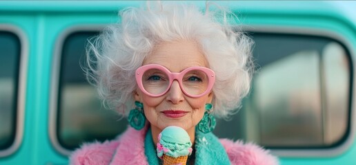 An older woman wearing pink glasses and a pink coat is holding an ice cream cone. The scene is playful and lighthearted, with the woman posing for the camera in a fun and quirky way