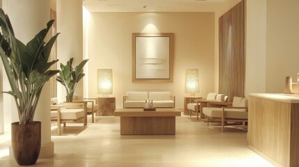 Serene Spa Lobby Interior Design with Natural Light and Wooden Furnishings