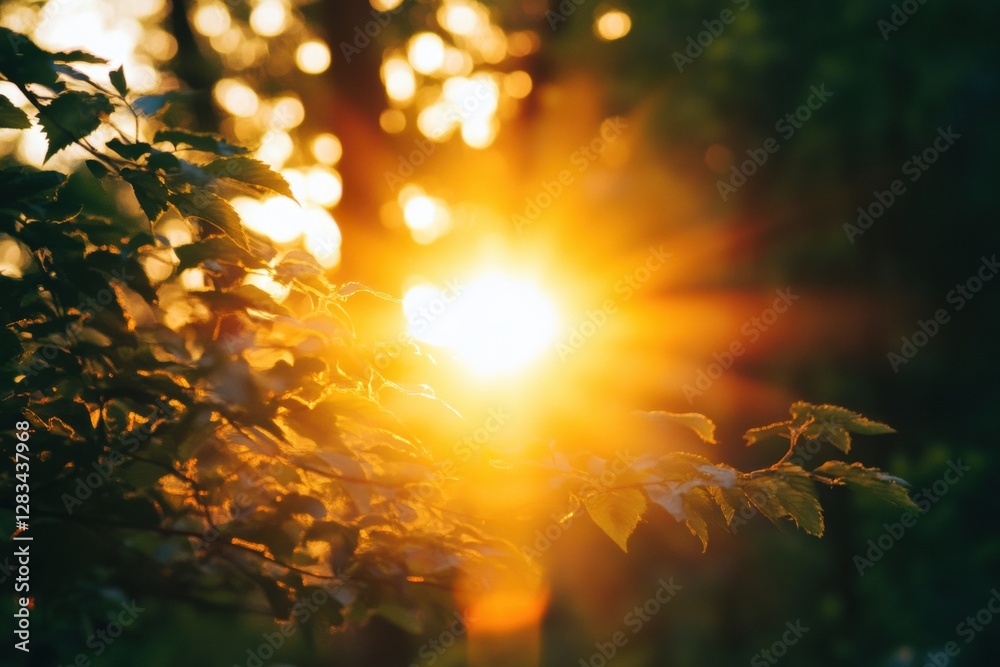 Aufkleber beautiful golden sunlight filters through green leaves during sunset in a serene forest setting. gen