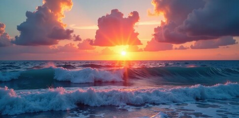 dreamy ocean sunset with waves, dreamy, peaceful, waves