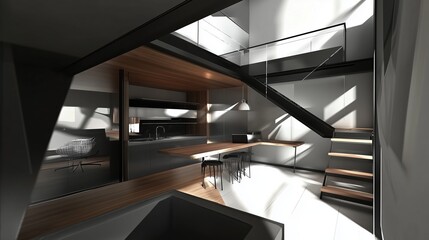 Obraz premium Contemporary Loft Interior: A modern, sunlit loft with a sleek, minimalist design, featuring a floating staircase, an open kitchen, and large windows that create a bright and airy atmosphere.