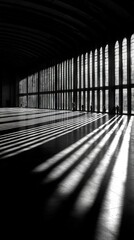  Monochrome image depicting interior of building with numerous windows casting elongated shadows onto floors