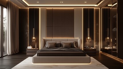 Luxury Bedroom Interior Design: Modern bedroom interior design with warm lighting, elegant furnishings and a calm atmosphere, showcasing a space of relaxation and sophisticated living.