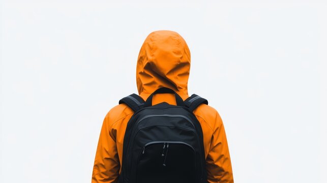 A person in an orange jacket and backpack stands atop a mountain, against an isolated white 