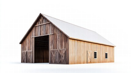 Naklejka premium Rustic Barn Structure: An aged wooden barn stands majestically, its weathered planks telling tales of time, under the glow of day light, a symbol of rural heritage and agricultural abundance.
