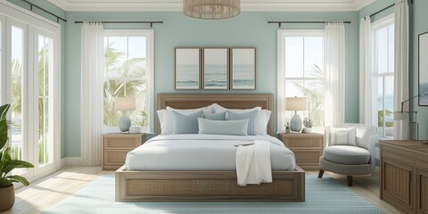 Serene Coastal Bedroom: A beautifully designed bedroom exudes a sense of tranquility, featuring soft hues, natural light, and elegant furnishings.