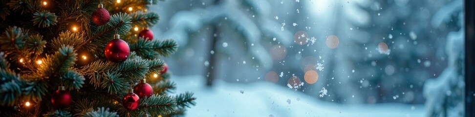 Christmas tree against a frosty window with snow , snow, decorated