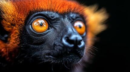 Close up of a monkey's face with a yellow nose and black eyes. Concept of curiosity and playfulness