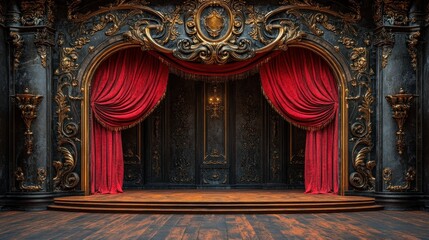 Fototapeta premium Ornate theater stage with red drapes