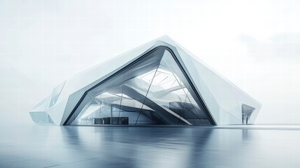 Modern Architectural Masterpiece:  A futuristic, angular, and sleek white building with glass panels emerges from a reflective surface, creating an ethereal and dynamic aesthetic. 