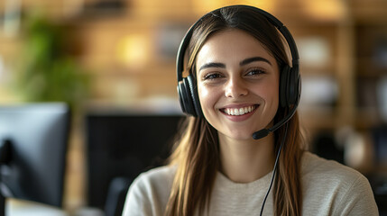 Smiling customer support representative with headset in office setting