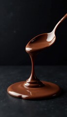 Drops of melted chocolate falling from a spoon onto a dark background in a smooth and seamless motion, texture, horizontal fall, food styling