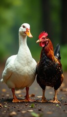 Fototapeta premium Duck and chicken standing together, farm animal, bird, landscape