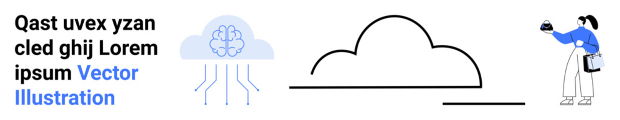 Brain representing AI, abstract cloud icon, and person with a device emphasizing data and technology themes. Ideal for cloud computing, AI, innovation, data storage, technology, creativity flat