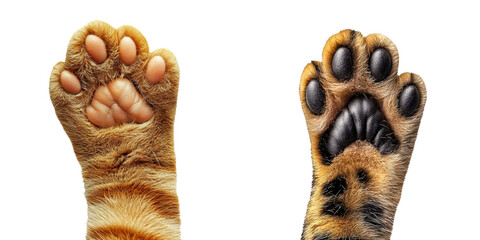 Obraz premium Playful cat paw reaching out for feline product label concept. Close-up of two animal paws, showcasing unique fur patterns and differing pad colors