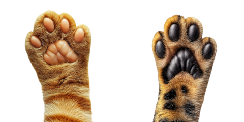 Playful cat paw reaching out for feline product label concept. Close-up of two animal paws, showcasing unique fur patterns and differing pad colors