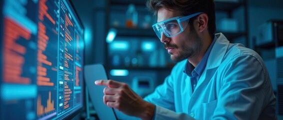 Focused young scientist analyzing data on digital screens in laboratory