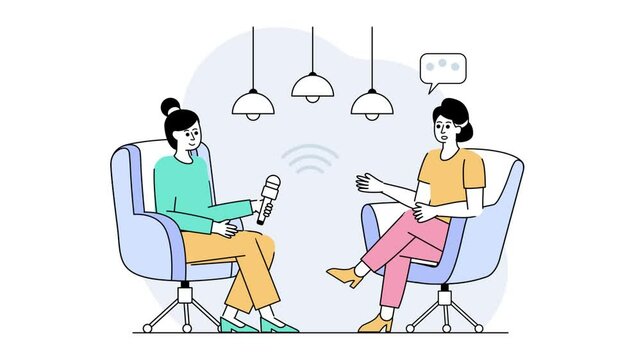 digital modern talk show studio animation, Podcast queen interviewing the guest animated video, Slice of life journalism Clip, Web television series footage, vodcast or audio blogging motion graphics