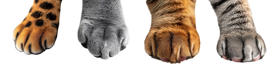 Playful cat paw reaching out for feline product label concept. Four distinct animal paws showcase different fur patterns and colors, highlighting the diversity among big cats